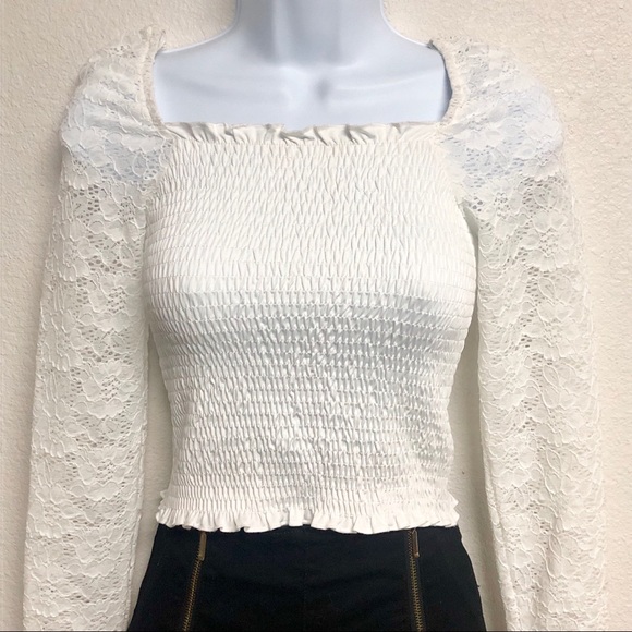 Misc Smocked & Lace Knit Sleeved Top - Picture 1 of 5